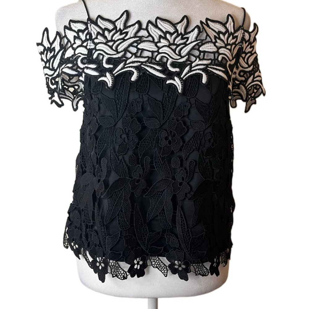 Topshop Black & White Floral Lace Cold Shoulder / Spaghetti straps  Top  Size 2 - Picture 2 of 14